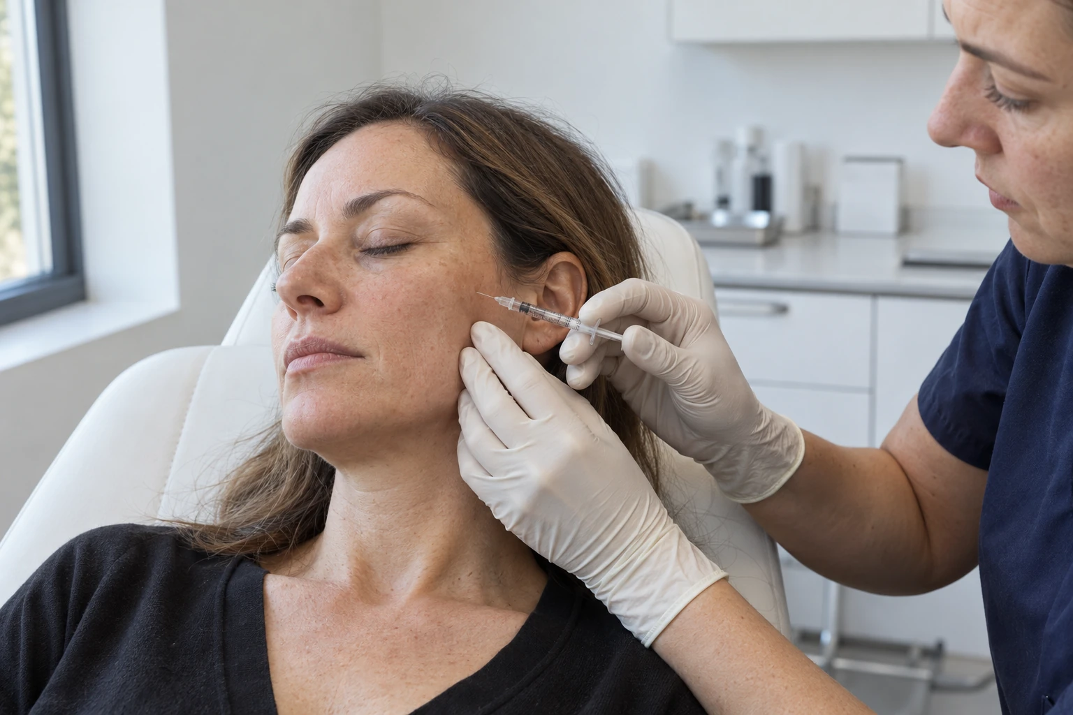 Illustrative scene of a practitioner in navy scrubs preparing a cheek filler treatment for a reclining adult client.