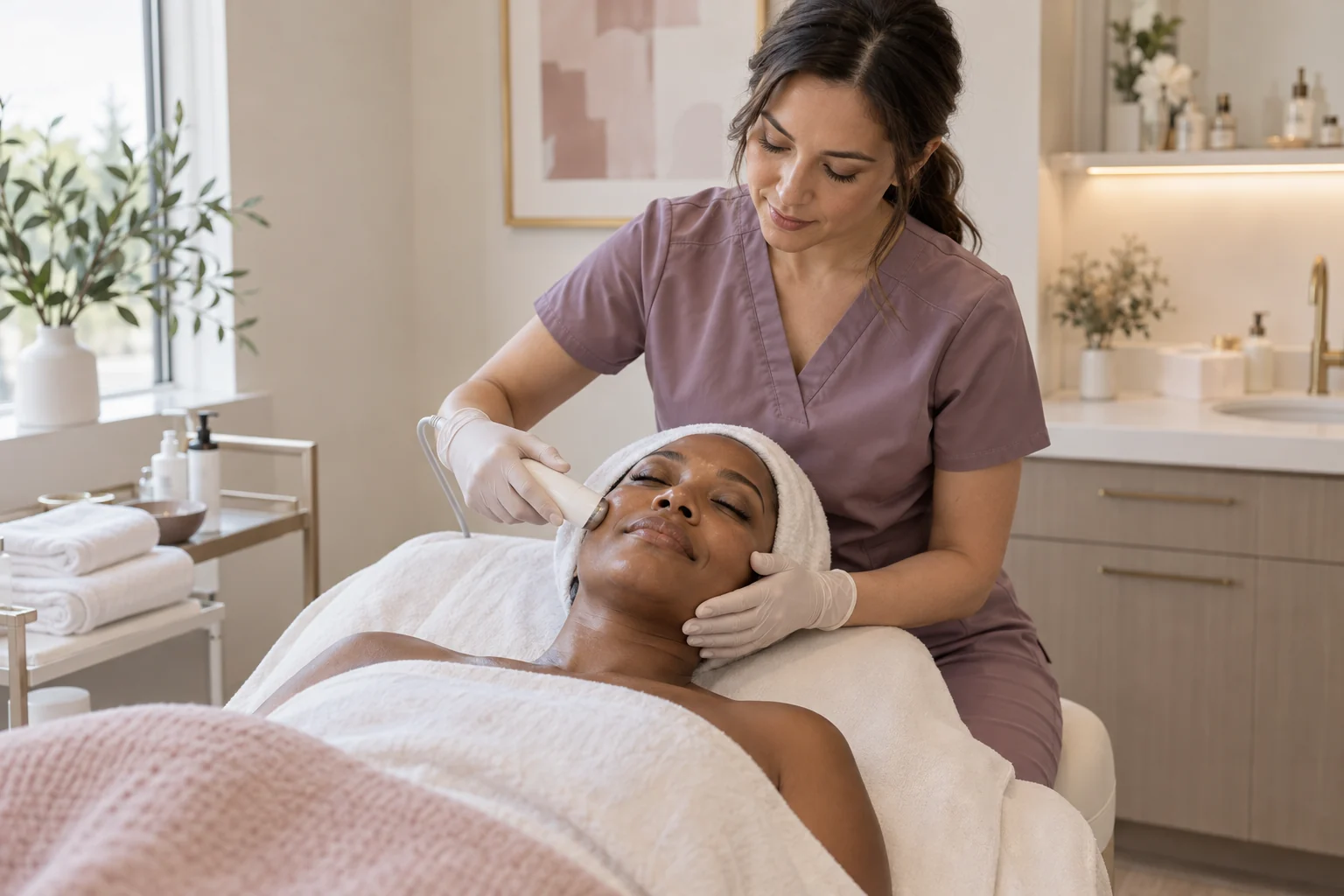 Illustrative facial treatment with a practitioner caring for a relaxed adult client.