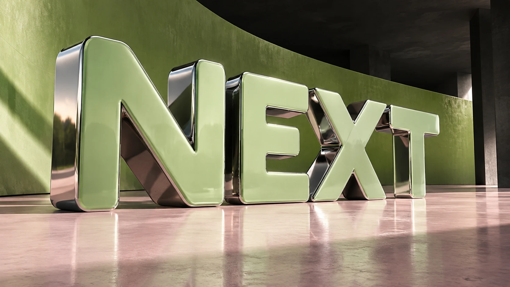 Monumental chrome and green NEXT typography in an architectural setting