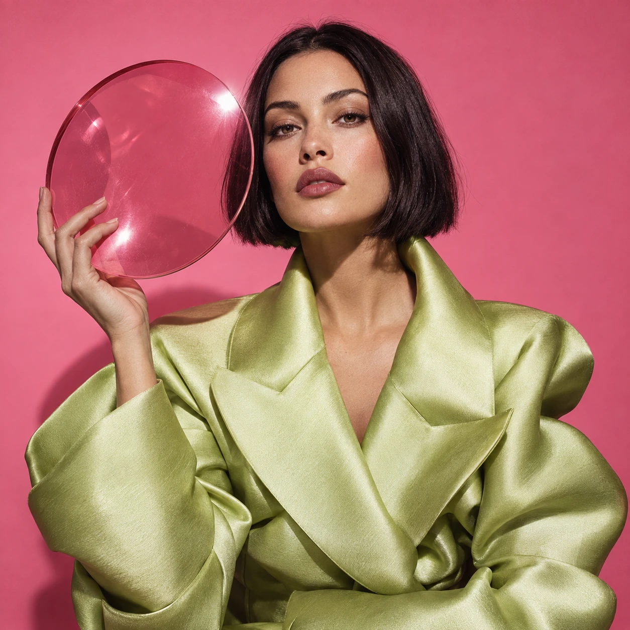 Original editorial artwork: a confident portrait in pink and pale green