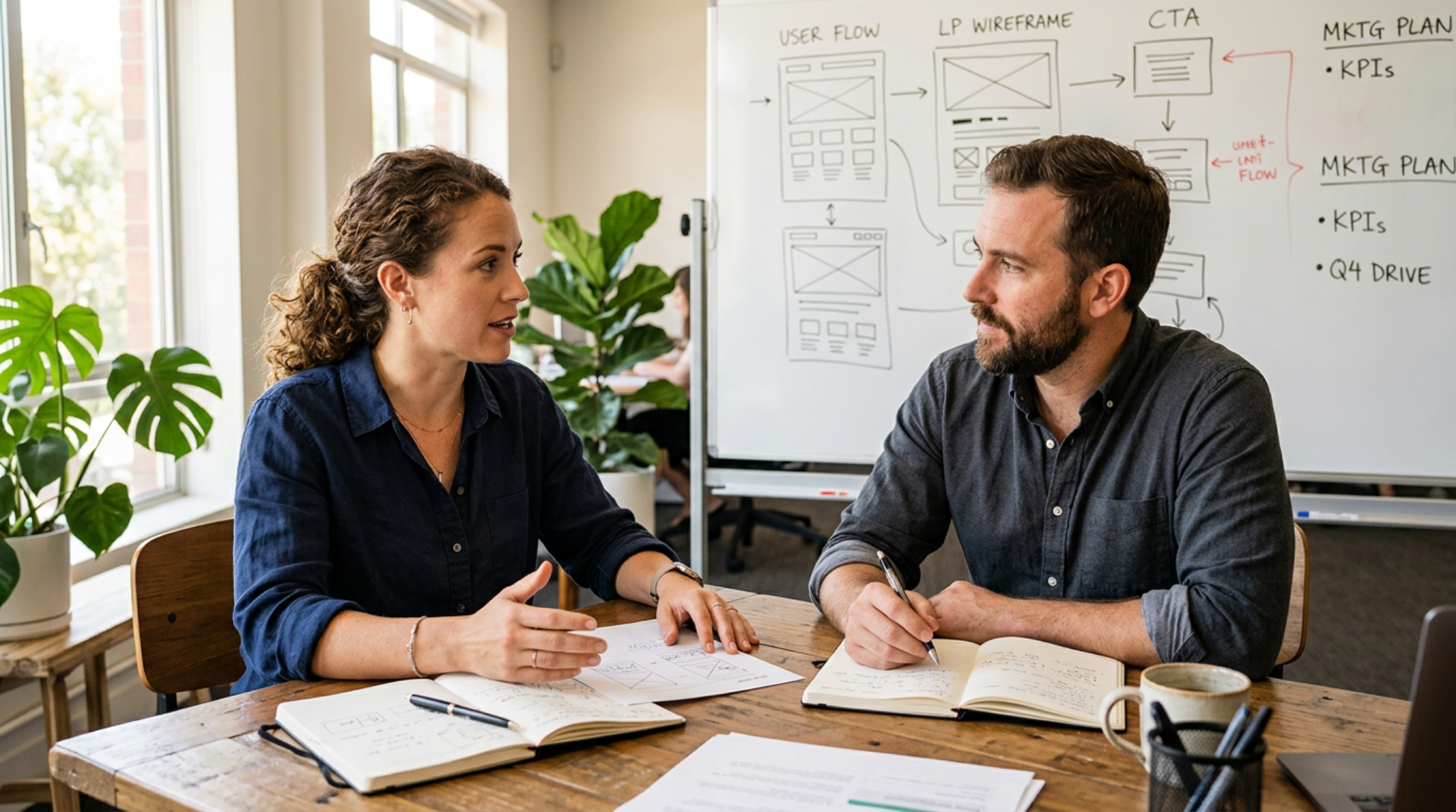 Marketing strategists planning campaign user flows and KPIs